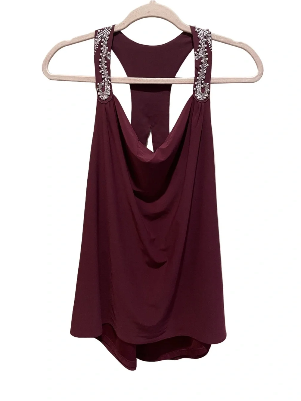 WHBM Burgundy Embellished Razorback blouse. Size S. - Picture 2 of 9